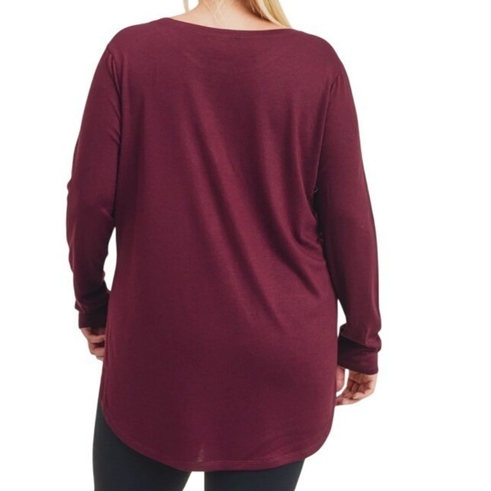 Mono B Womens Burgundy Long Sleeve Activewear Top Curved Hem Style Small - Picture 2 of 8